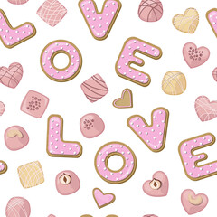 Romantic vector seamless pattern for valentine's day. Pink chocolate candies and cookies in the shape of the letters LOVE isolated on white background.
