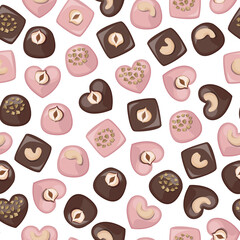 Vector seamless pattern with pink and dark chocolate candies of various shapes decorated with cashews, hazelnuts and peanuts.