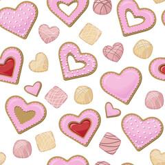 Romantic vector seamless pattern. Pink and white chocolate candies and cookies in the shape of hearts in glaze and with red jam.