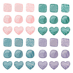 Vector set of coral, emerald, purple, blue chocolate candies isolated on white background.