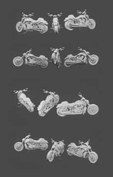3d set of Motorcycle rendered from different angles for vfx, animation movie and video game projects