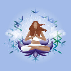 Young woman meditates in lotus position.