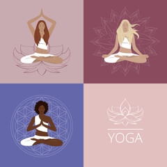 Fototapeta na wymiar Set of young female and symbols yoga