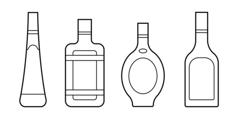 Set of alcoholic linear bottles illustration. Alcohol cocktails drinks icons. Bar menu flat vector logos.