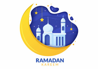 Ramadan Kareem with Mosque, Lanterns and Moon in Flat Background Vector Illustration for Religious Holiday Islamic Eid Fitr or Adha Festival Banner or Poster