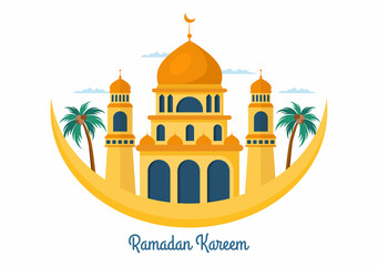 Ramadan Kareem with Mosque, Lanterns and Moon in Flat Background Vector Illustration for Religious Holiday Islamic Eid Fitr or Adha Festival Banner or Poster