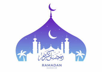 Fototapeta na wymiar Ramadan Kareem with Mosque, Lanterns and Moon in Flat Background Vector Illustration for Religious Holiday Islamic Eid Fitr or Adha Festival Banner or Poster