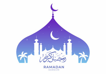 Ramadan Kareem with Mosque, Lanterns and Moon in Flat Background Vector Illustration for Religious Holiday Islamic Eid Fitr or Adha Festival Banner or Poster