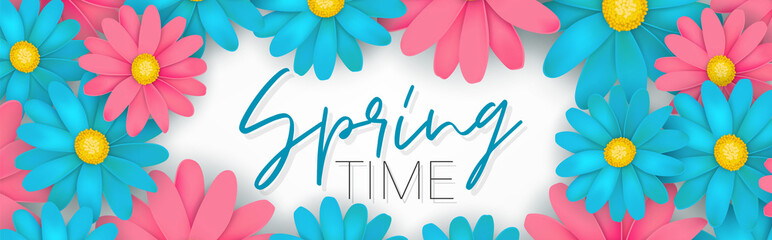 Fototapeta premium Spring time banner or newsletter header. Blue and pink realistic daisy or gerbera flowers. Floral promo design. Vector illustration.