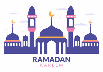 Ramadan Kareem with Mosque, Lanterns and Moon in Flat Background Vector Illustration for Religious Holiday Islamic Eid Fitr or Adha Festival Banner or Poster