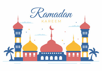 Ramadan Kareem with Mosque, Lanterns and Moon in Flat Background Vector Illustration for Religious Holiday Islamic Eid Fitr or Adha Festival Banner or Poster