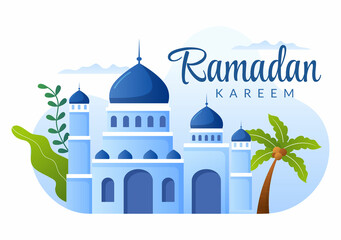 Ramadan Kareem with Mosque, Lanterns and Moon in Flat Background Vector Illustration for Religious Holiday Islamic Eid Fitr or Adha Festival Banner or Poster