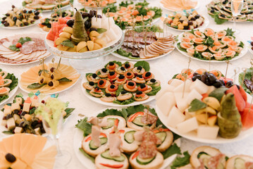 Beautifully decorated catering banquet table with different food snacks and appetizers with sandwich, caviar, fresh fruits on corporate party event or wedding celebration