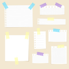 Set of torn white note, notebook lined and blank paper pieces stuck on light brown background. Vector illustration