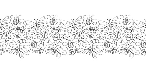 Vector cute edging, ribbon, border from butterflies, honey bees and flowers in doodle style. Glade as nature lace. Seamless pattern, ornament, decoration for holidays, spring, summer, children
