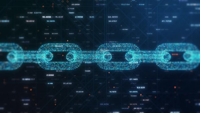 camera zoom on a chain made with binary numbers, abstract tech background, concept of blockchain, cryptocurrency, mining, big data (3d render)