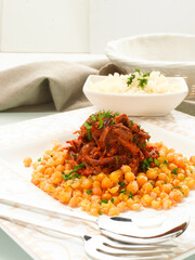 Ensalada de garbanzos con carne, morcillo. Chickpea salad with meat, blood sausage.