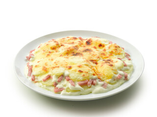 Bechamel con patatas y jamón. Bechamel with potatoes and ham.