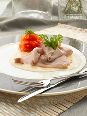 Lomo de cerdo con leche y calabaza. Pork loin with milk and pumpkin.
