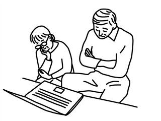 ノートパソコンの前で悩む高齢夫婦の線画イラスト