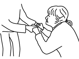 引っ張ってもらいながら立ち上がる高齢女性の線画イラスト