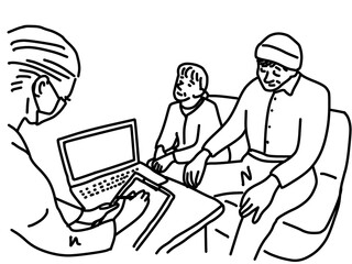 高齢夫婦とノートパソコンの前で書類を書く女性の人物線画イラスト