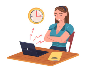 Young Busy Woman Character in Stress Feeling Tired and Exhausted Sitting at Laptop Vector Illustration