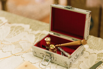 Orthodox faith. Baptismal procedure in the church. Equipment for anointing a child at baptism. Pray for people life. Pray to god