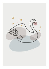 Trend poster in one line style. Swan on a pond on a beige background. Modern art. Minimalism. Vector illustration.