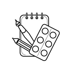 Vector icon with notepad, paints, brush and pencil