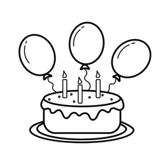 Birthday cake with candles on a plate and balloons, vector icon