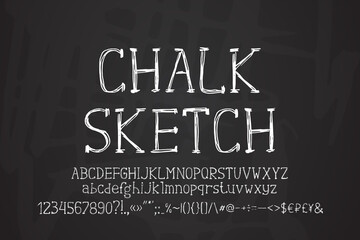Sketch white serif font on dark blackboard background. Original hand-drawn uppercase and lowercase letters, numbers