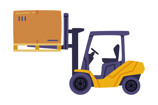 Forklift or Lift Truck Carrying Cardboard Box as Warehouse Equipment for Goods Moving Vector Illustration