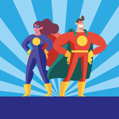 couple superhero on sunburst