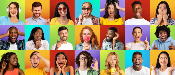 Multiracial millennials showing bright emotions, set of portraits