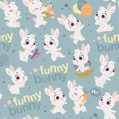 Vector seamless pattern with cute little white bunnies isolated. Nursery design, flat simple cartoon style. For banners, children cards, packaging papers, prints etc.