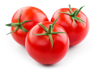 Tomato isolated. Three tomatoes on white background. Tomatoes with clipping path.