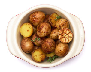 Baked potato in a clay pot isolated on white background