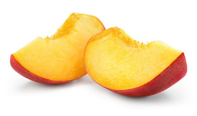 Fototapeta na wymiar Peach slice isolated. Peach slices on white background. Peaches with clipping path.