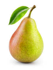 Pear isolated. One green pear with red side on white background. Green pear with leaf. With clipping path. Full depth of field.