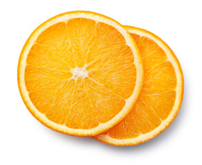 Orange slice isolated top view. Orang round slices flat lay on white background. High angle view. Full depth of field.