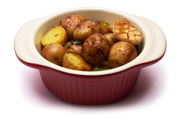 Baked potato in a clay pot isolated on white background