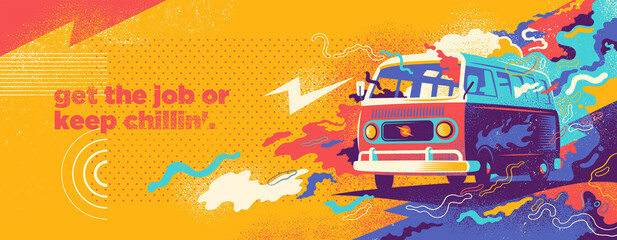 Colorful graffiti style abstraction with splashing shapes and retro van. Vector illustration. - obrazy, fototapety, plakaty