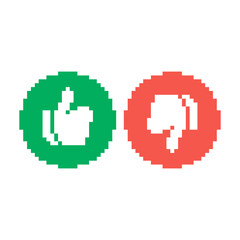 colorful simple vector flat pixel art set of round green icon with thumb up and round red icon with thumb down symbol