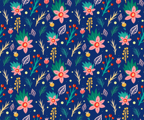 Seamless pattern with winter and floral elements. Bright design for scrapbooking, textile, wallpaper, other surface. 