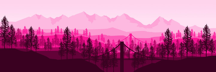 simple creative mountain forest landscape flat design vector illustration good for wallpaper, backdrop, background, web banner, and design template
