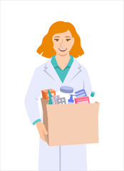 Young woman pharmacist in white coat holding paper bag with medicines and other goods bought in a pharmacy. Female drugstore seller gives the order to the buyer. Drugstore worker isolated on white