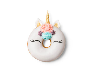 Unicorn donut isolated on white background. Trendy donut unicorn with white glaze. Top view or flat...