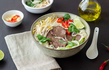 Pho Bo vietnamese soup with beef. Asian food. National cuisine.