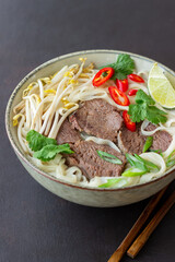 Pho Bo vietnamese soup with beef. Asian food. National cuisine.
